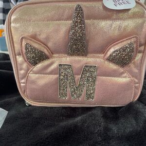 Justice Rose Gold Glitter Unicorn Lunch Bag with 'M' Initial